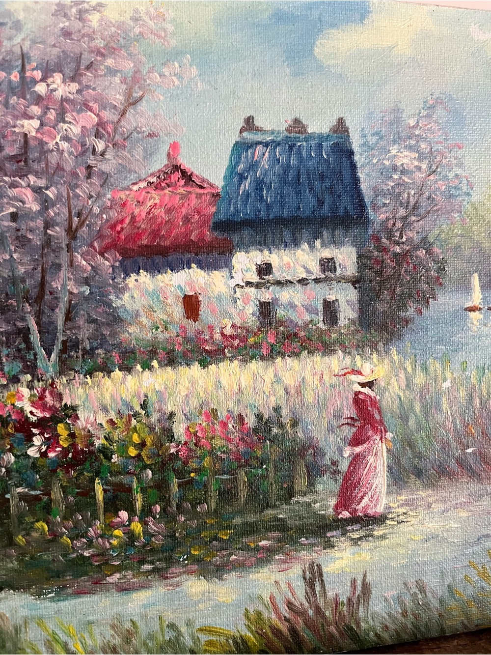 Hand-Painted Cottage Landscape Canvas Art in Blue and Pink - Picture 4 of 5